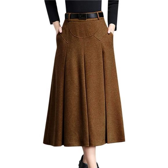 Women's Winter High Waist A-Line Pleated Wool Midi Skirt with Belt Loops, Camel